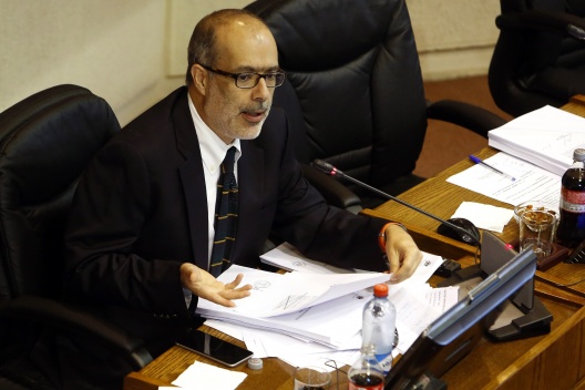 Ministro de Hacienda, Rodrigo Valdés, participa en el debate presupuestario en la Sala del Senado.