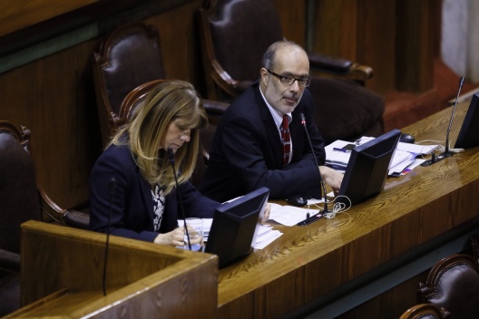 Ministro de Hacienda, Rodrigo Valdés, junto a la ministra del Trabajo, Ximena Rincón, asisten a la votación por el reajuste al sector público en la Cámara de Diputados.