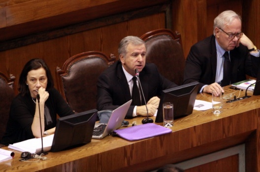 De izq. a der.: Rosanna Costa, directora de presupuesto, Felipe Larraín, ministro de Hacienda, y Julio Dittborn, subsecretarío de Hacienda.